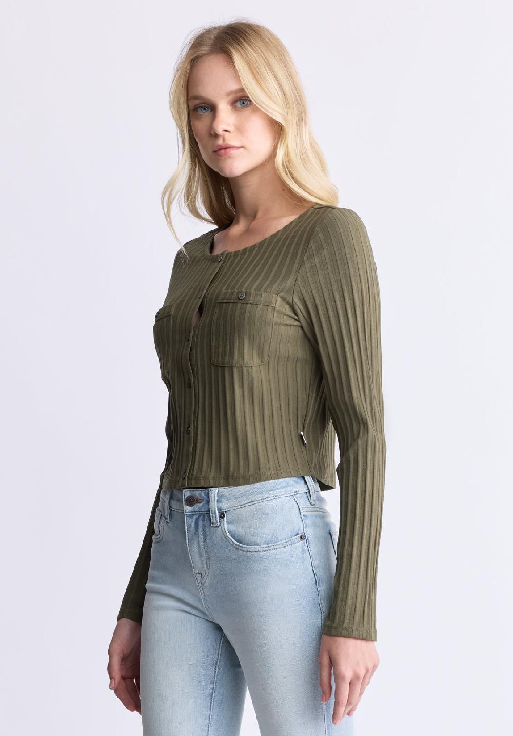 Buffalo David Bitton Albertina Women's Ribbed Long-Sleeve Button-Up Top Olive Green
