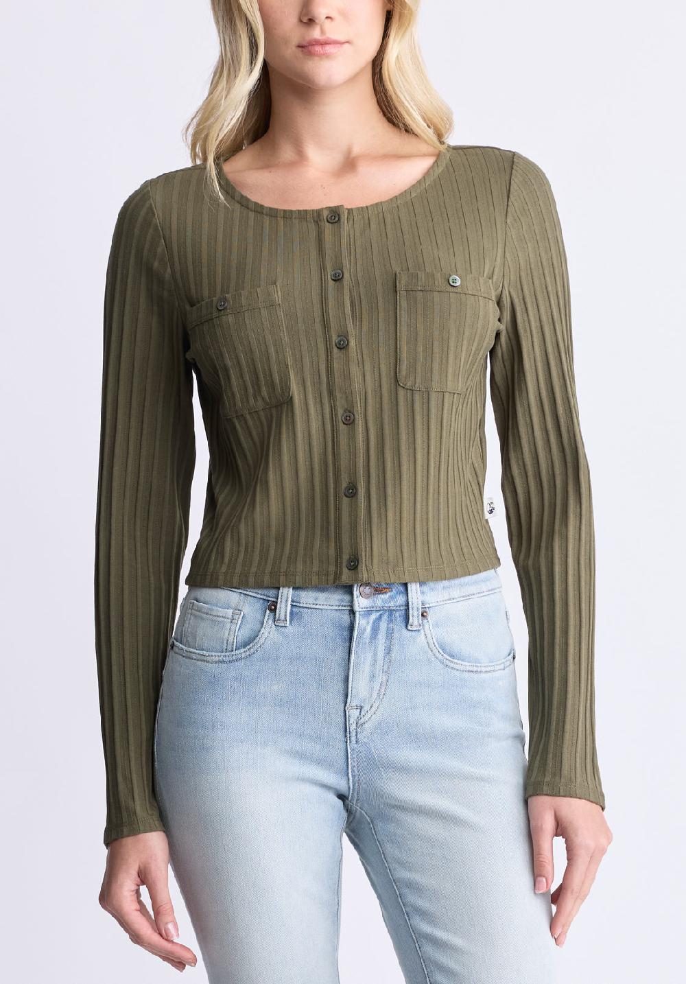 Buffalo David Bitton Albertina Women's Ribbed Long-Sleeve Button-Up Top Olive Green