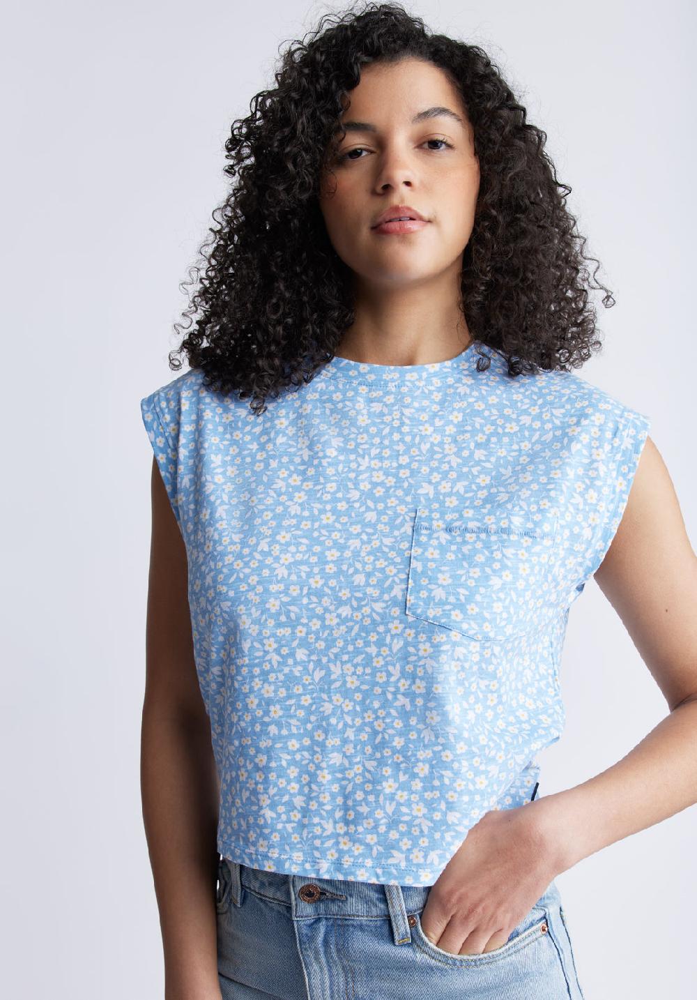 Buffalo David Bitton Amandine Women's Cap Sleeve Crop Top Blue With White Flowers