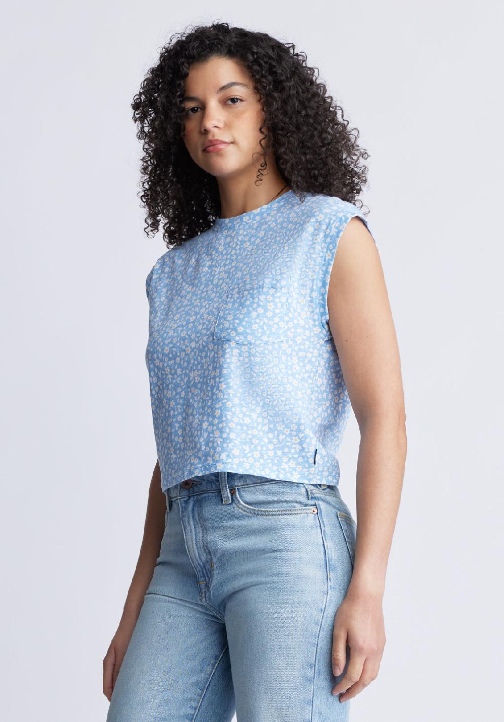 Buffalo David Bitton Amandine Women's Cap Sleeve Crop Top Blue With White Flowers