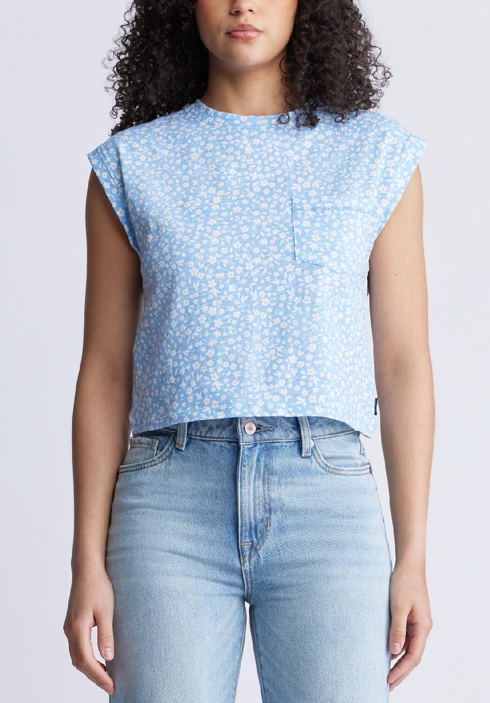 buffalo david bitton Amandine Women's Cap Sleeve Crop Top Blue with White Flowers