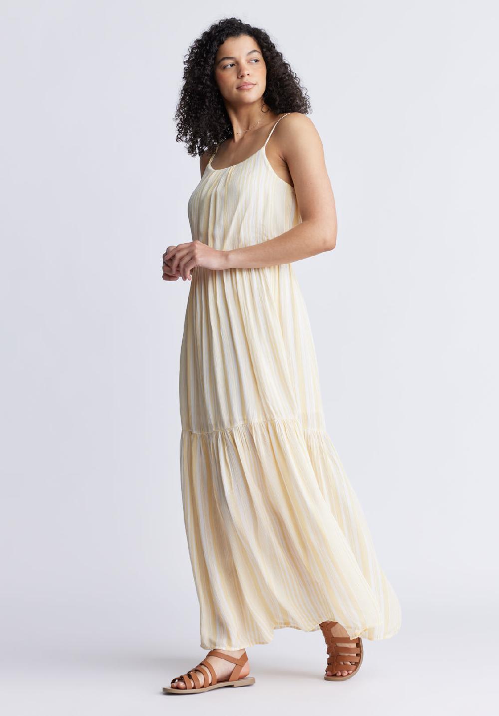 Buffalo David Bitton Assisi Women's Maxi Tiered Striped Dress White And Yellow