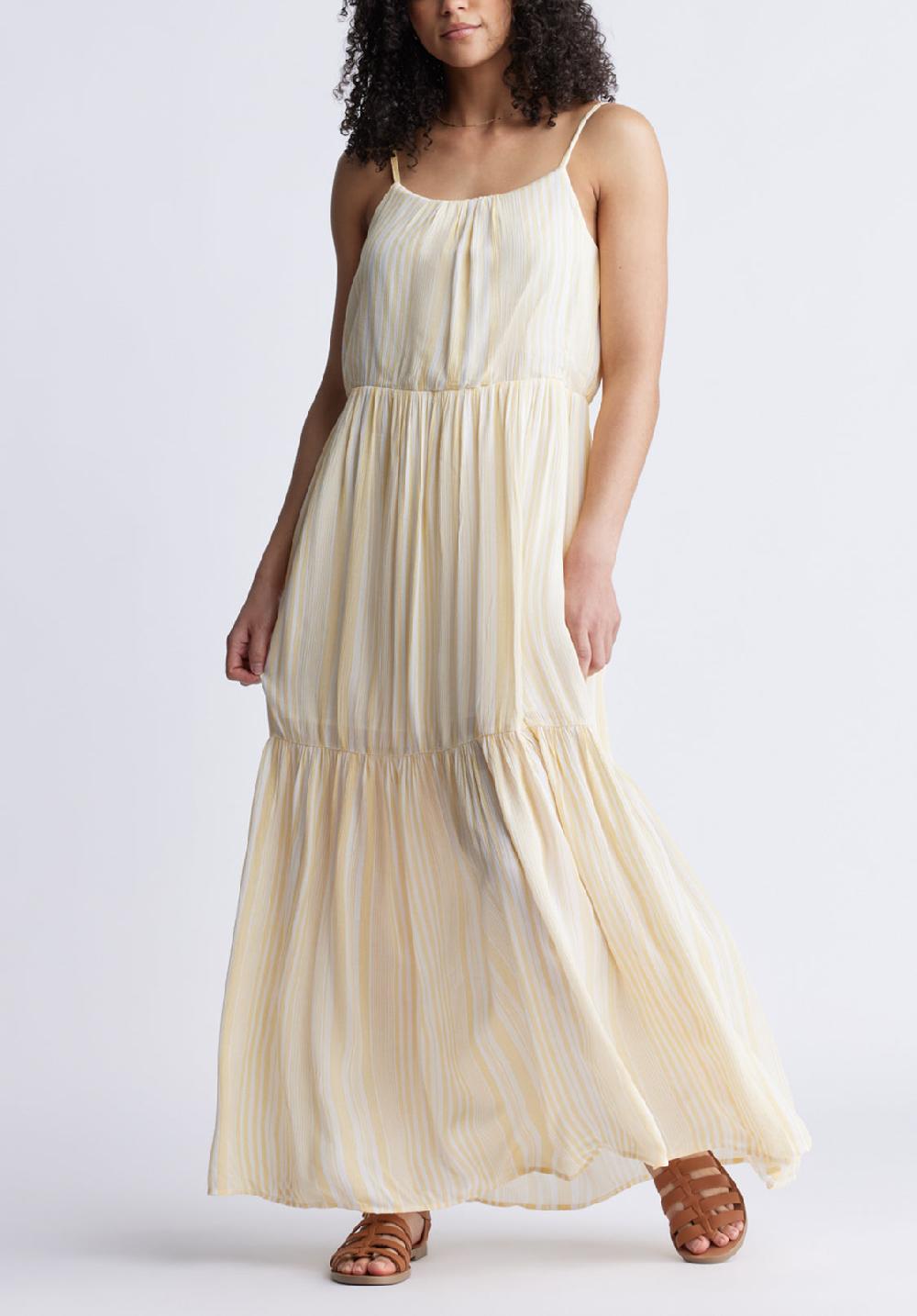buffalo david bitton Assisi Women's Maxi Tiered Striped Dress White and Yellow
