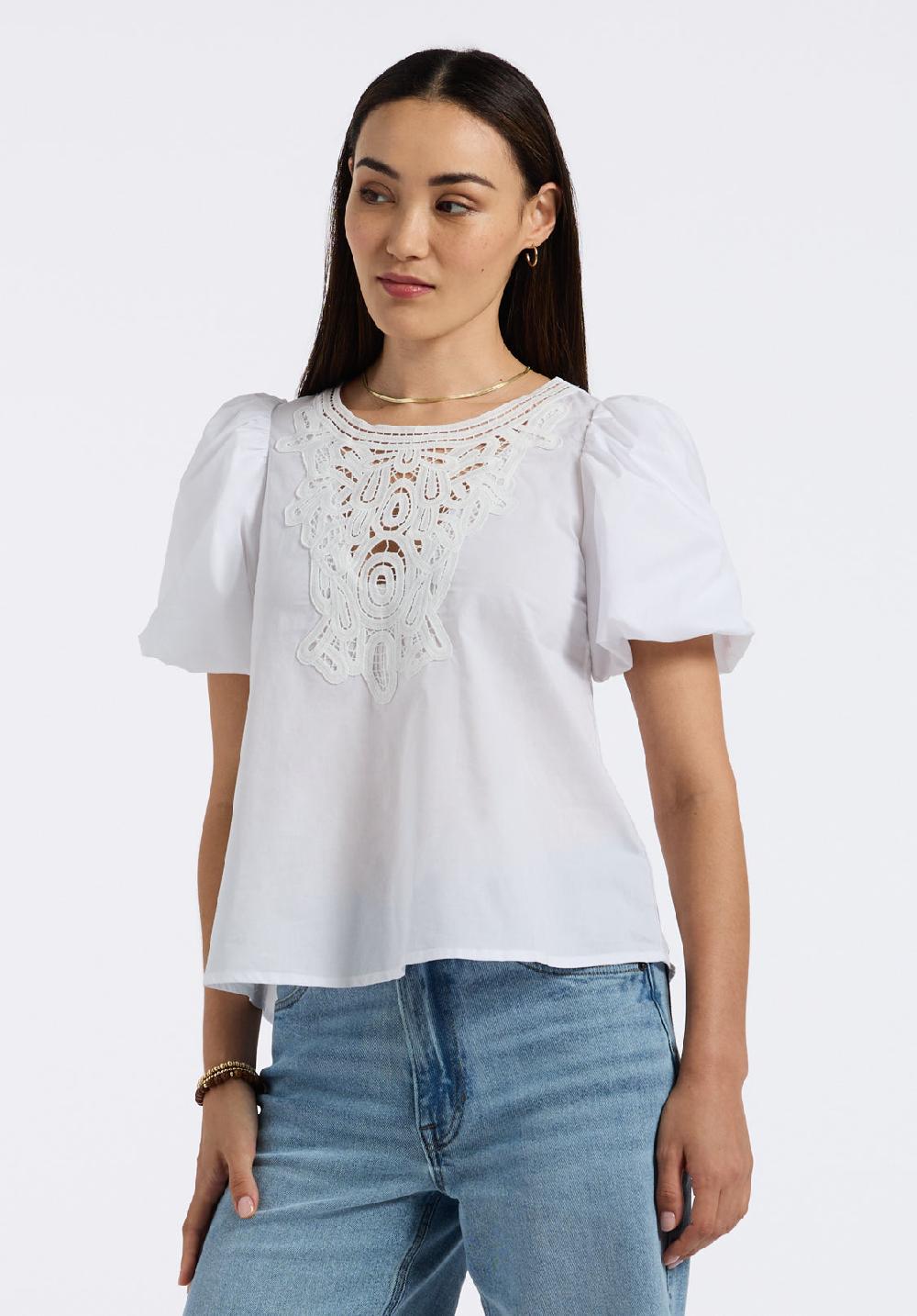 Buffalo David Bitton Blouse Brodée à Manches Bouffantes Pour Femme Leonella Blanc