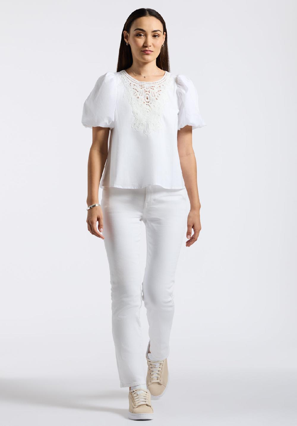 Buffalo David Bitton Blouse Brodée à Manches Bouffantes Pour Femme Leonella Blanc