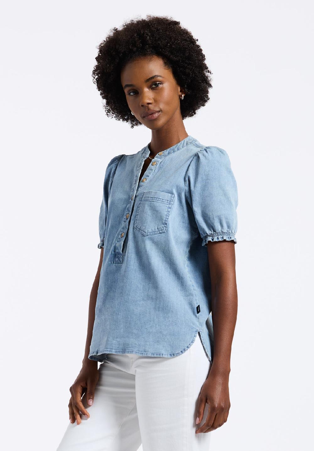 Buffalo David Bitton Blouse En Denim à Manches Bouffantes Pour Femme Lenore Bleu Vintage Classique