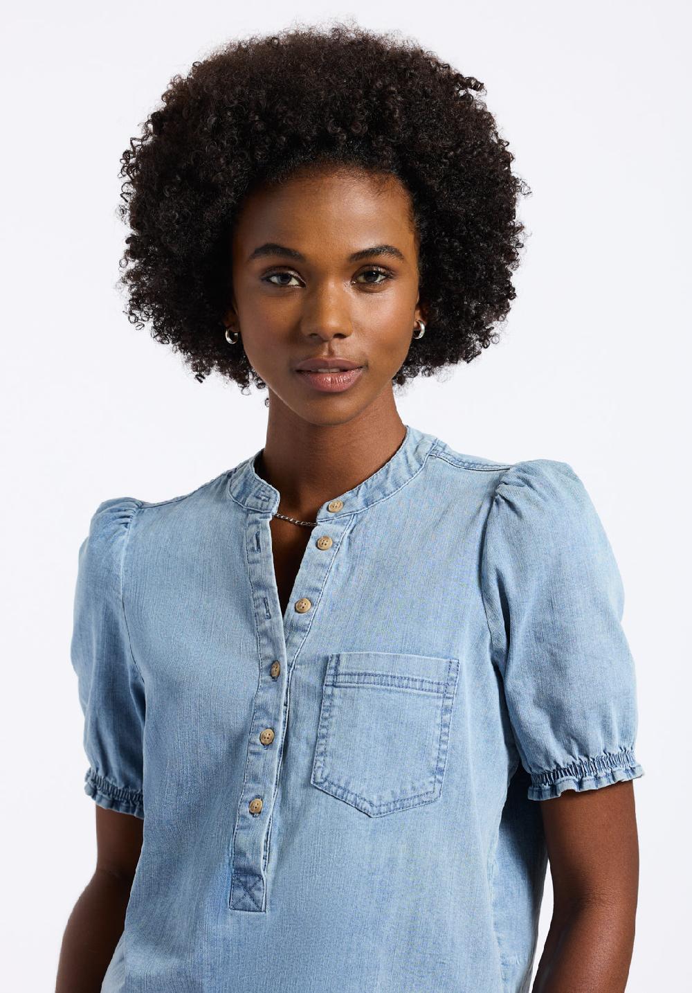 Buffalo David Bitton Blouse En Denim à Manches Bouffantes Pour Femme Lenore Bleu Vintage Classique
