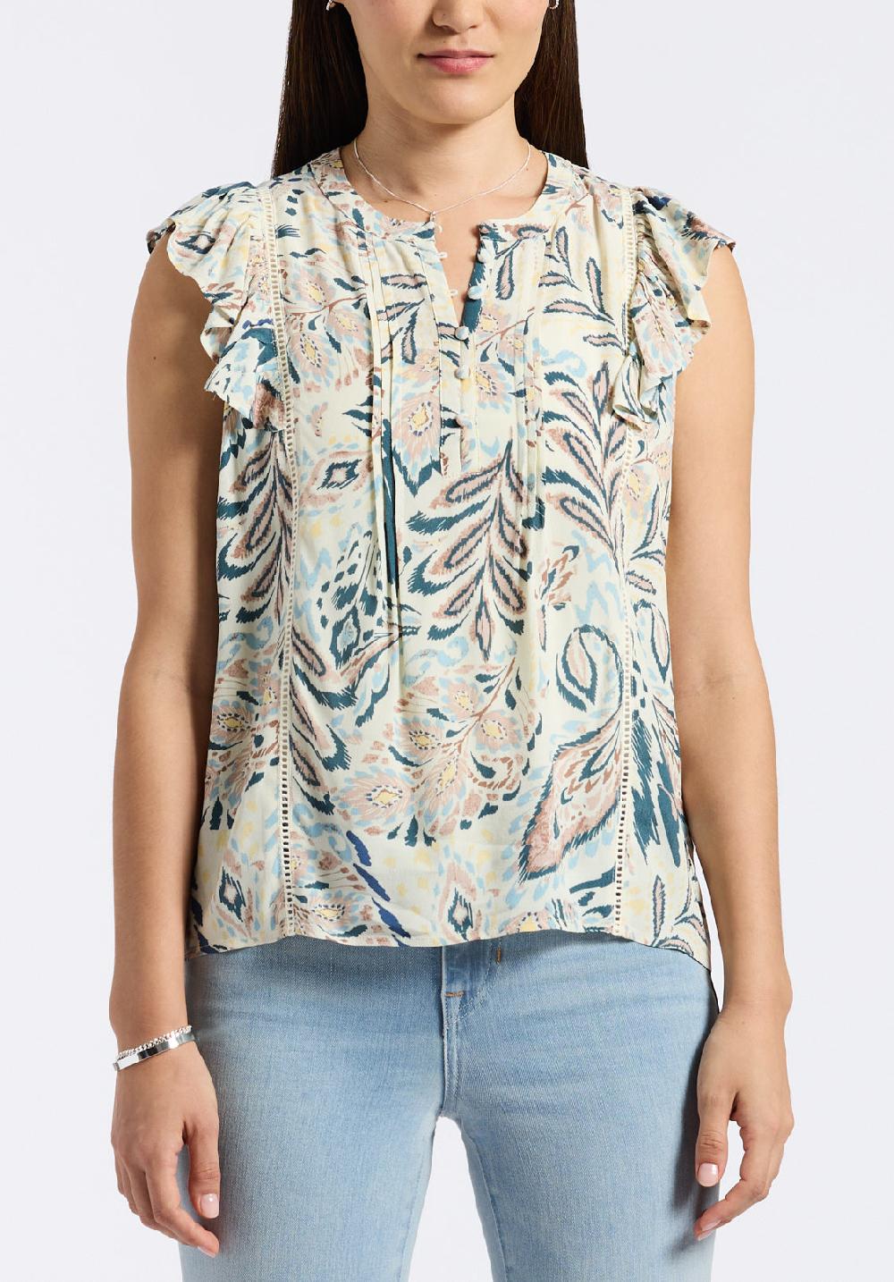 buffalo david bitton Blouse sans manches à volants et imprimé floral avec détails plissés pour femme Tinlee motif paisley