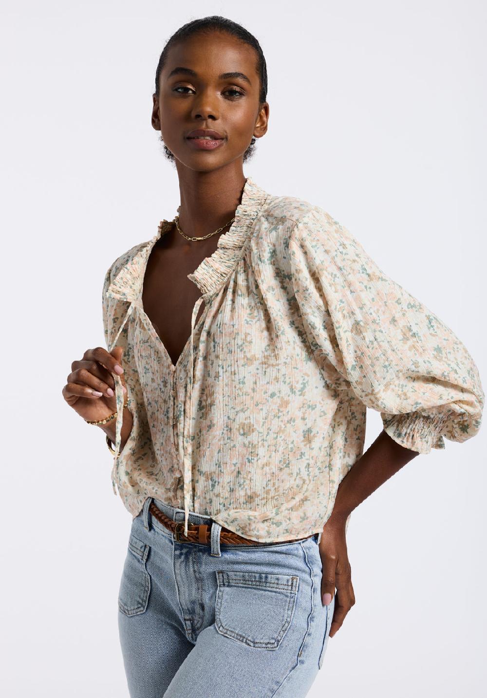Buffalo David Bitton Blouse Smockée à Manches Longues Et Imprimé Floral Pour Femme Maylah Imprimé Floral Beige