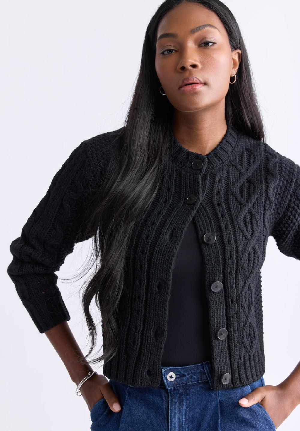 Buffalo David Bitton Cardigan Boutonné En Maille Torsadée Temperance Pour Femmes Noir - SW