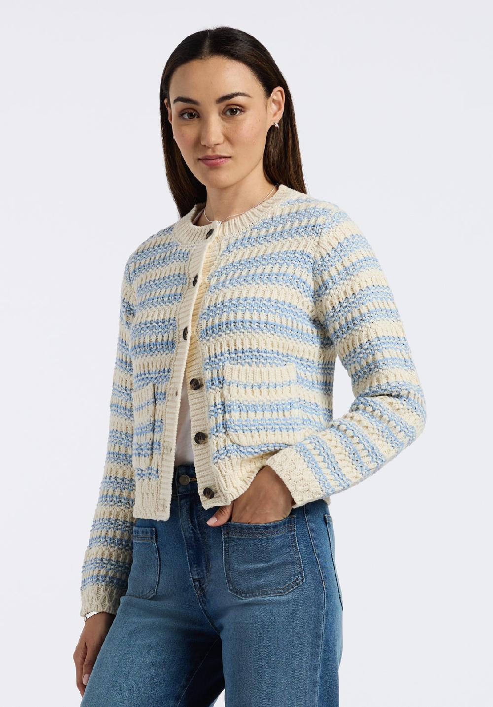 Buffalo David Bitton Cardigan En Maille à Rayures Boutonné Avec Poches Pour Femme Amaranth Beige Et Bleu