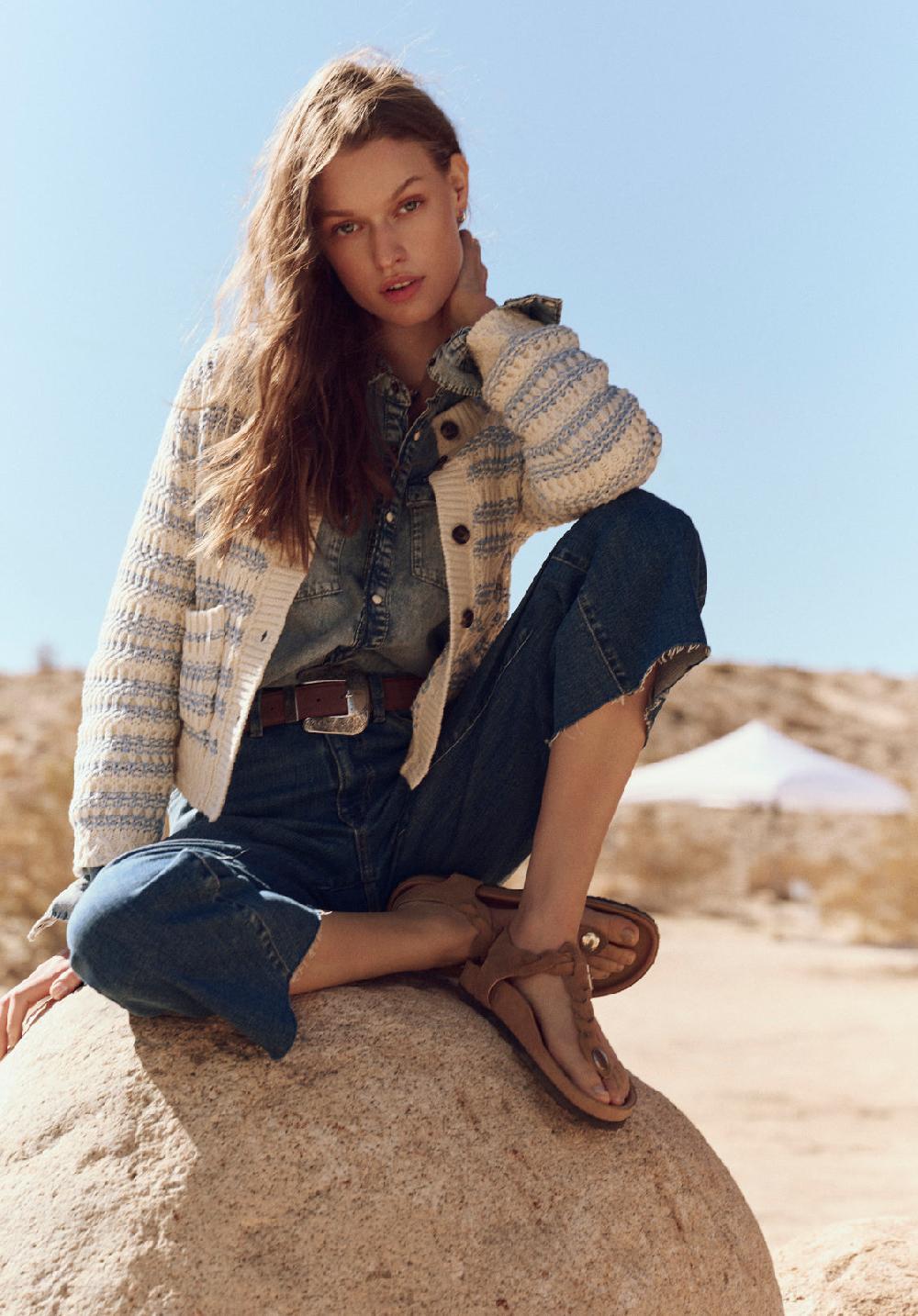 Buffalo David Bitton Cardigan En Maille à Rayures Boutonné Avec Poches Pour Femme Amaranth Beige Et Bleu