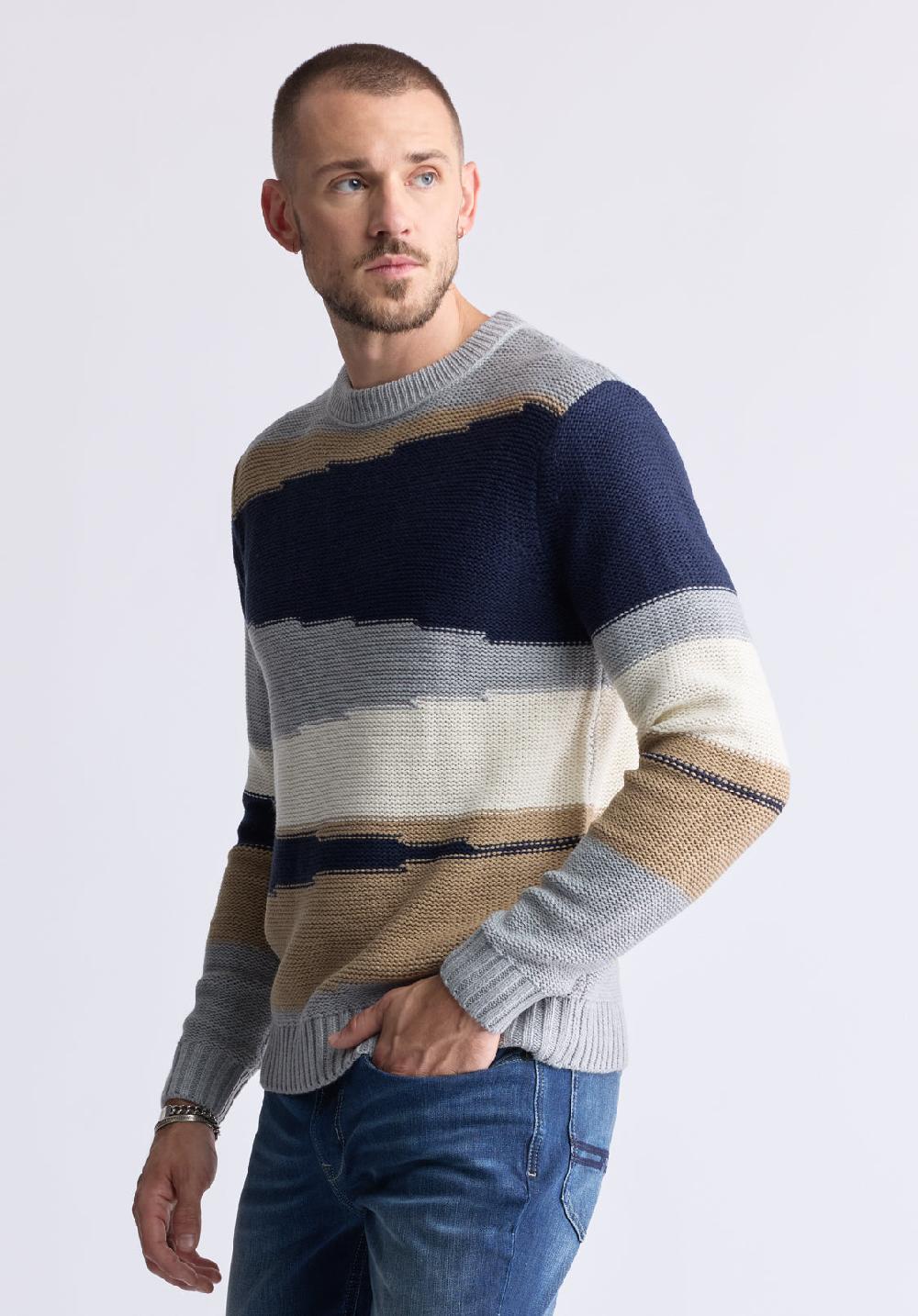 Buffalo David Bitton Chandail à Col Rond à Blocs De Couleurs Rayé Wollen Pour Hommes Gris