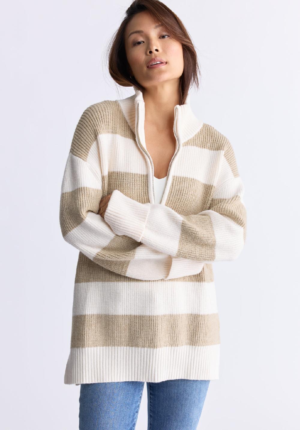 Buffalo David Bitton Chandail Rayé à Manches Longues Avec Demi-zip Storme Pour Femmes Beig