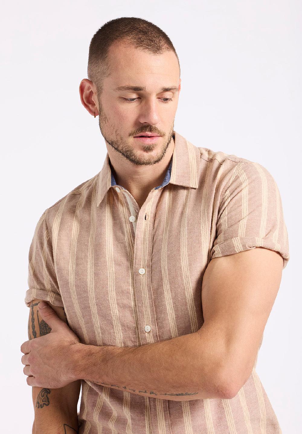 Buffalo David Bitton Chemise Ajustée à Manches Courtes Rayée Pour Homme Sagrino Beige