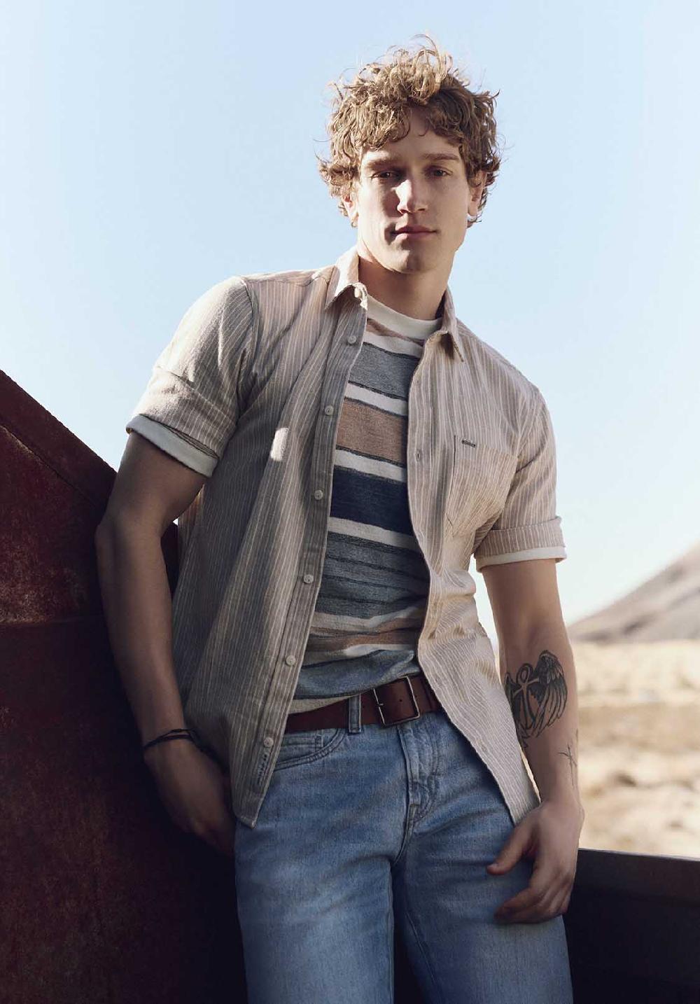 Buffalo David Bitton Chemise Ajustée à Manches Courtes Rayée Pour Homme Sirilo Beige Tuffet