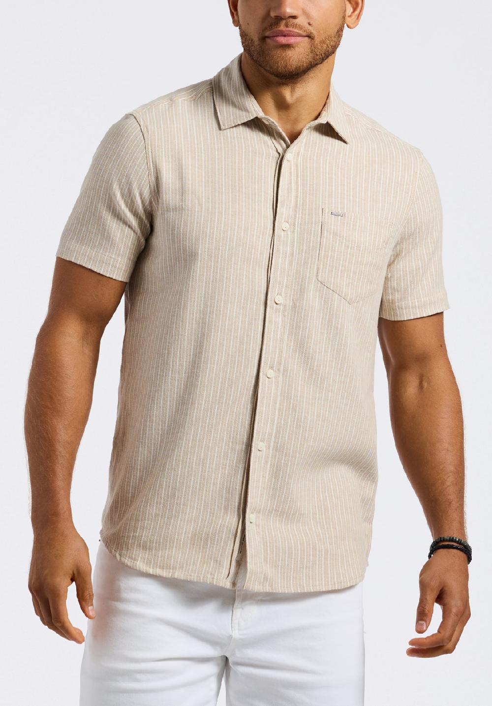 buffalo david bitton Chemise ajustée à manches courtes rayée pour homme Sirilo Beige tuffet