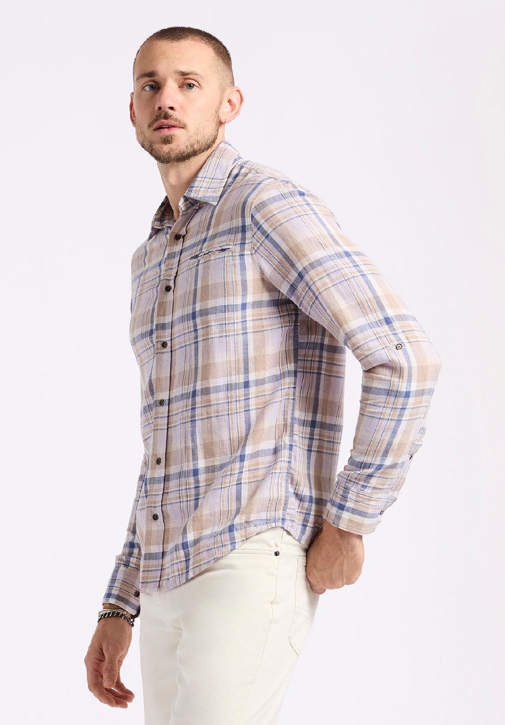 Buffalo David Bitton Chemise Ajustée à Manches Longues à Carreaux Pour Homme Simbio Beige & Bleu