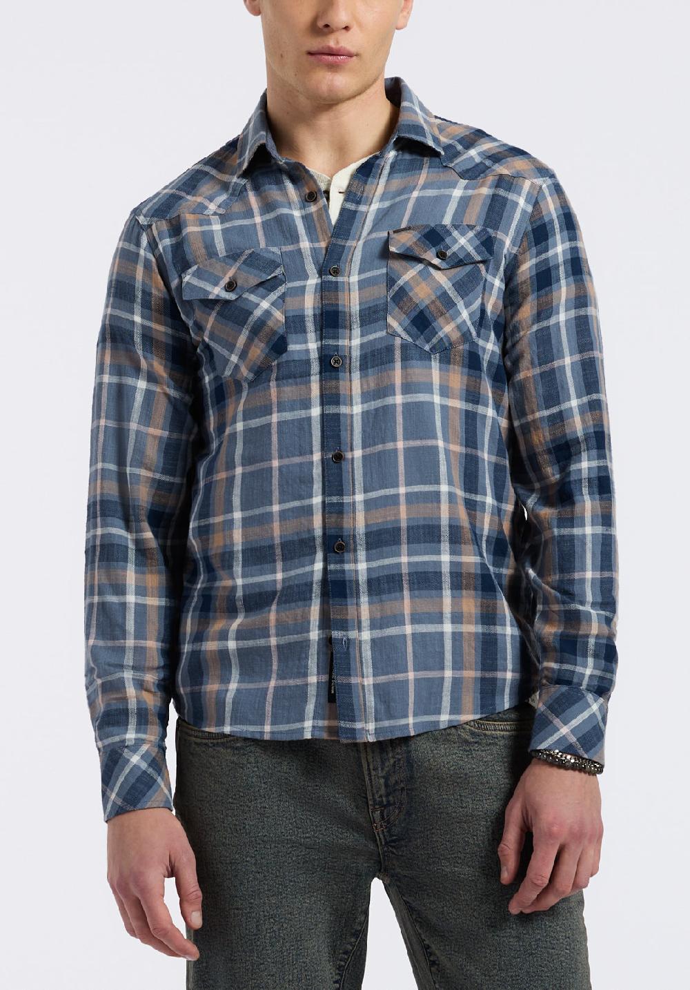 buffalo david bitton Chemise ajustée à manches longues à carreaux pour homme Sierra Bleu