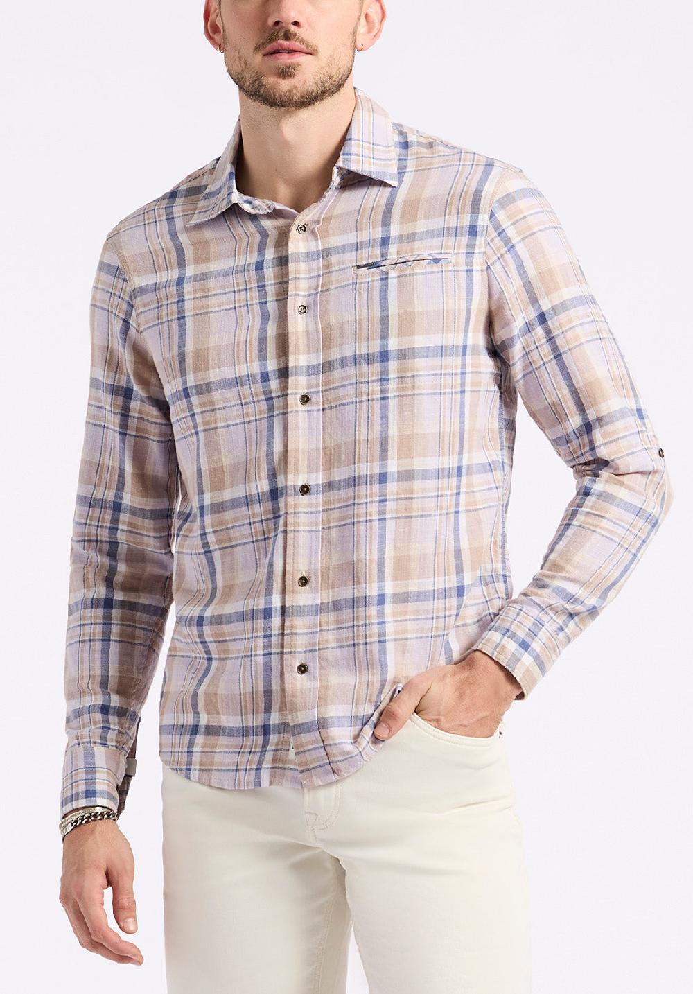 buffalo david bitton Chemise ajustée à manches longues à carreaux pour homme Simbio Beige & Bleu