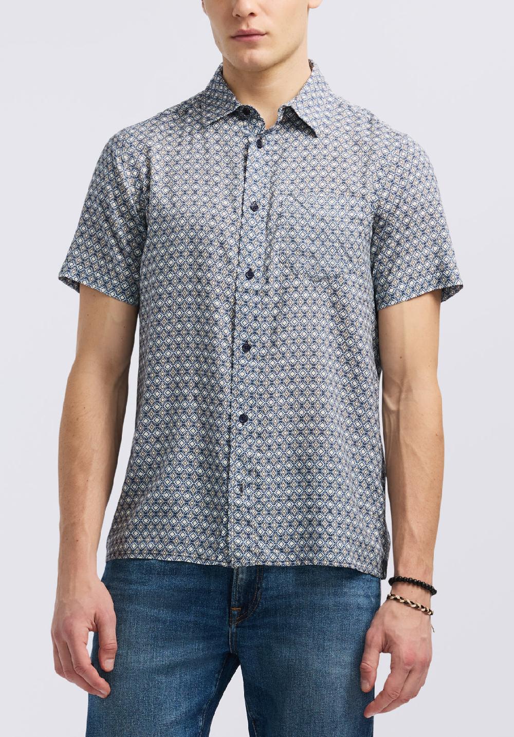 buffalo david bitton Chemise ajustée boutonnée à manches courtes avec imprimé géométrique pour homme Sirilo Bleu - BM24652