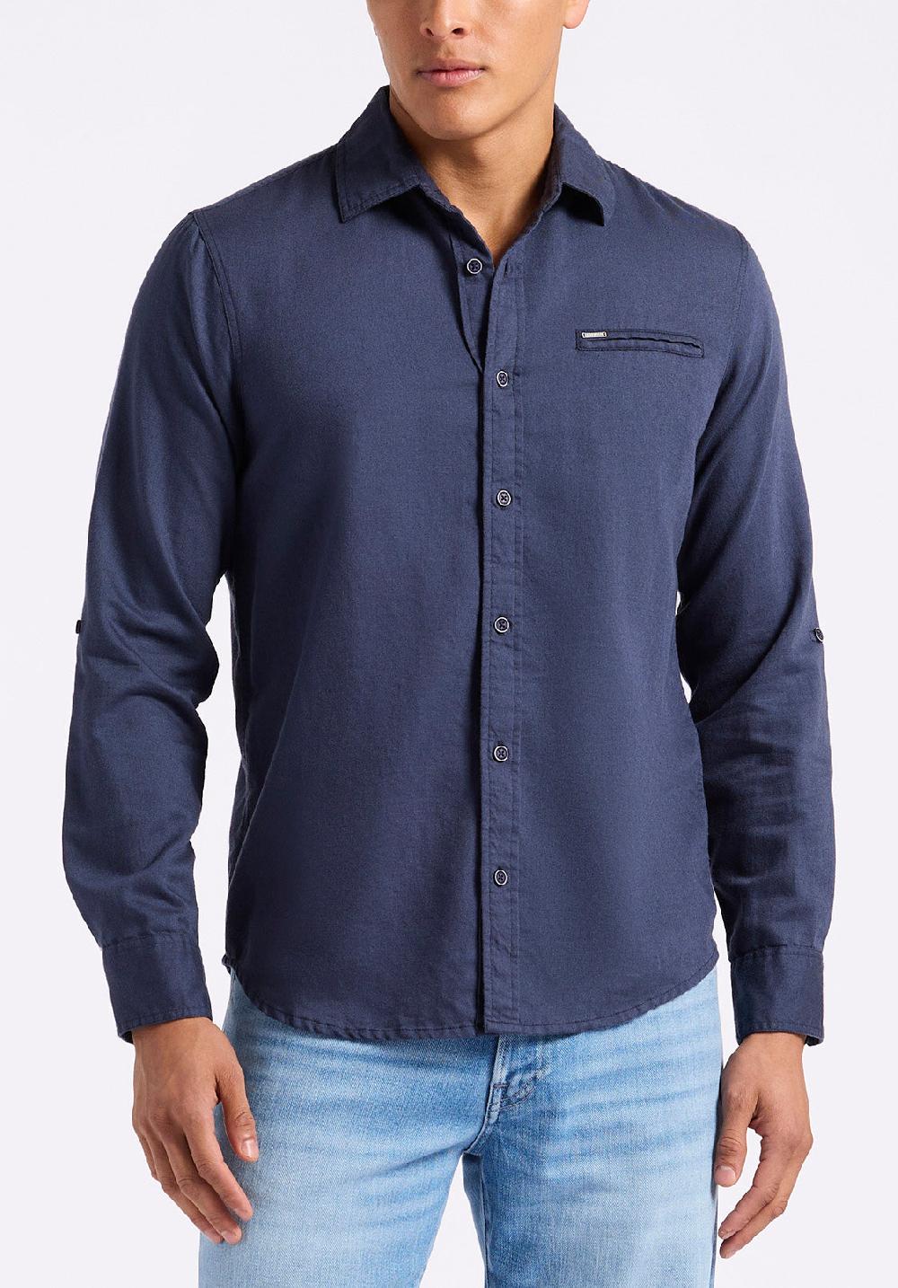 buffalo david bitton Chemise ajustée en lin et coton à manches longues pour homme Simbio marine