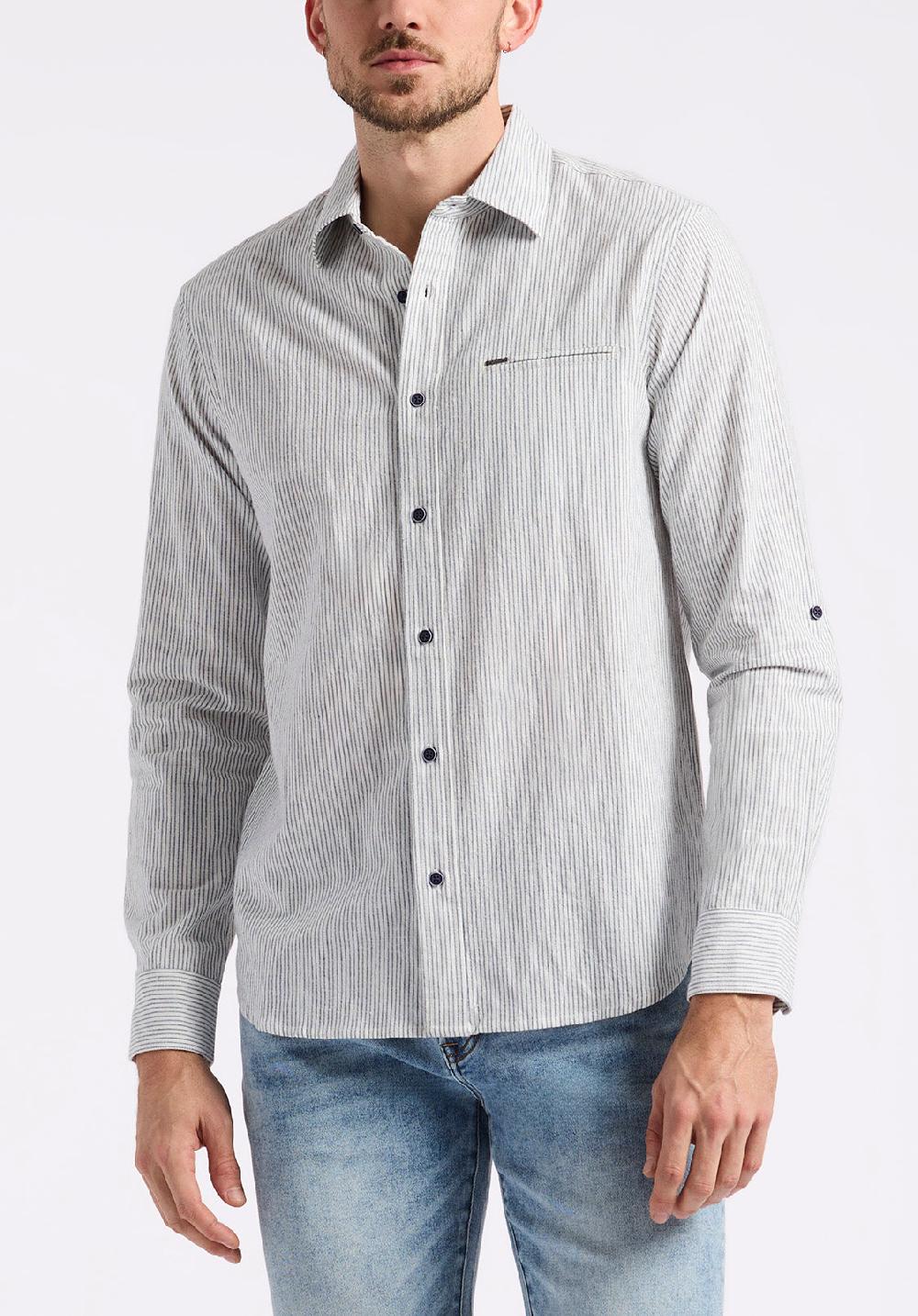 buffalo david bitton Chemise ajustée en lin et coton à manches longues rayée pour homme Simbio Bleu