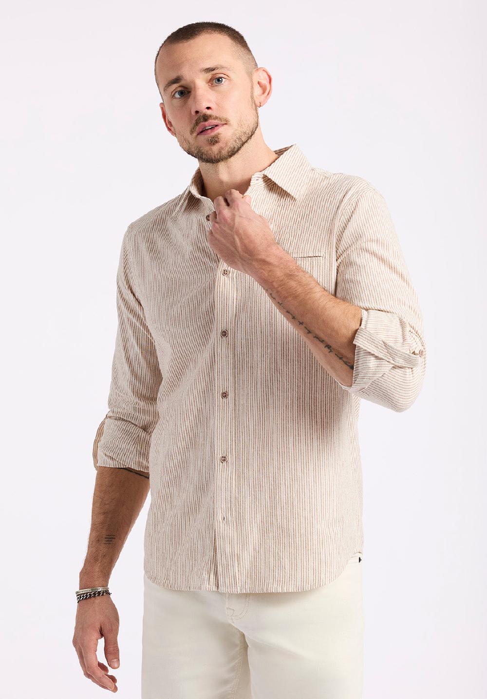 Buffalo David Bitton Chemise Ajustée En Lin Et Coton à Manches Longues Rayée Pour Homme Simbio Beige