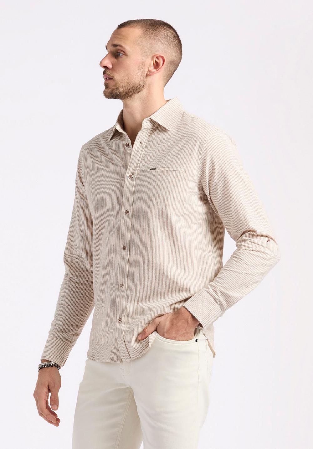 Buffalo David Bitton Chemise Ajustée En Lin Et Coton à Manches Longues Rayée Pour Homme Simbio Beige