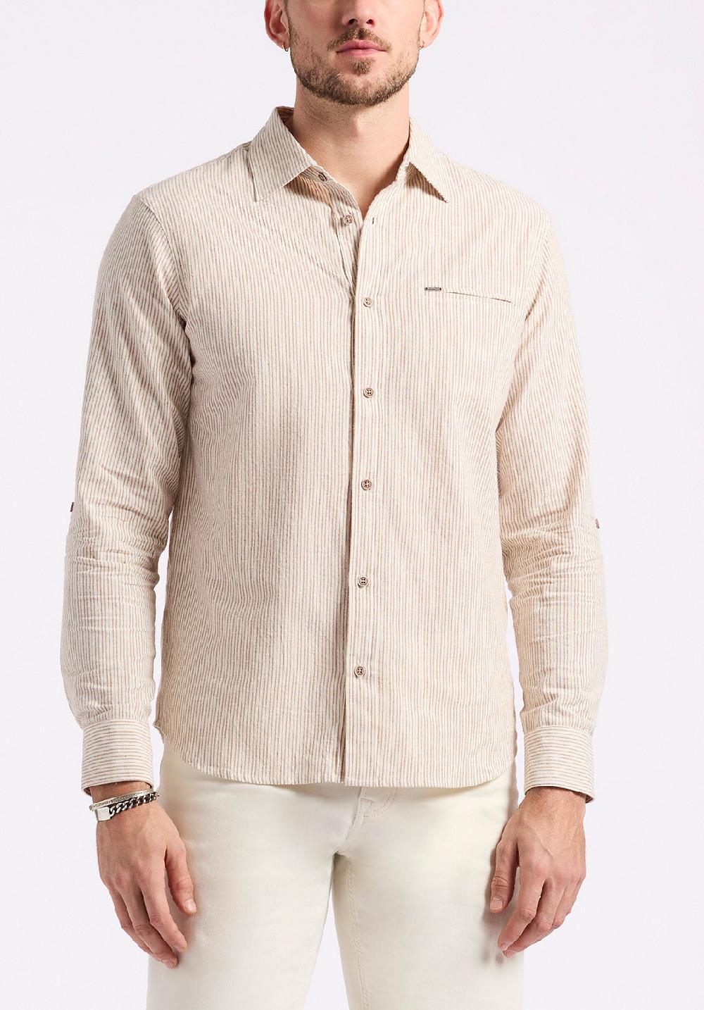 buffalo david bitton Chemise ajustée en lin et coton à manches longues rayée pour homme Simbio Beige