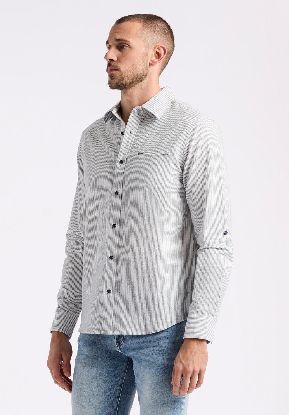 Buffalo David Bitton Chemise Ajustée En Lin Et Coton à Manches Longues Rayée Pour Homme Simbio Bleu