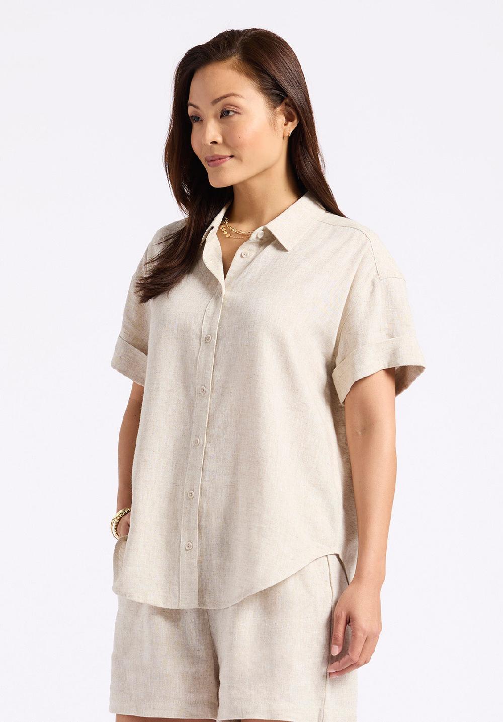 Buffalo David Bitton Chemise Boutonnée à Manches Courtes En Lin Solana Pour Femme Beige