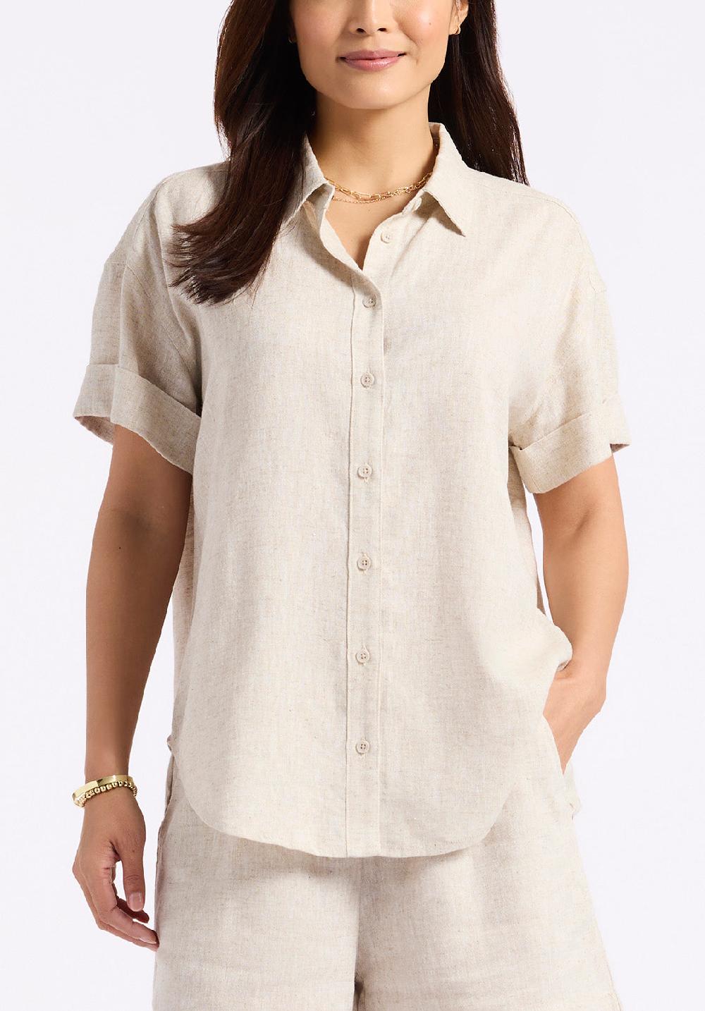 buffalo david bitton Chemise boutonnée à manches courtes en lin Solana pour femme beige