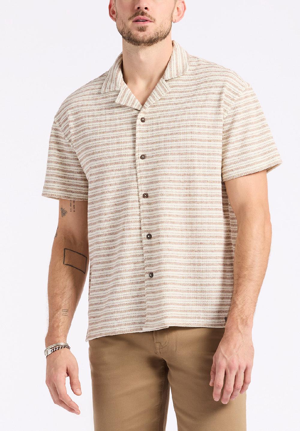 buffalo david bitton Chemise boutonnée rayée en jersey coupe décontractée à manches courtes pour homme Koddy Beige