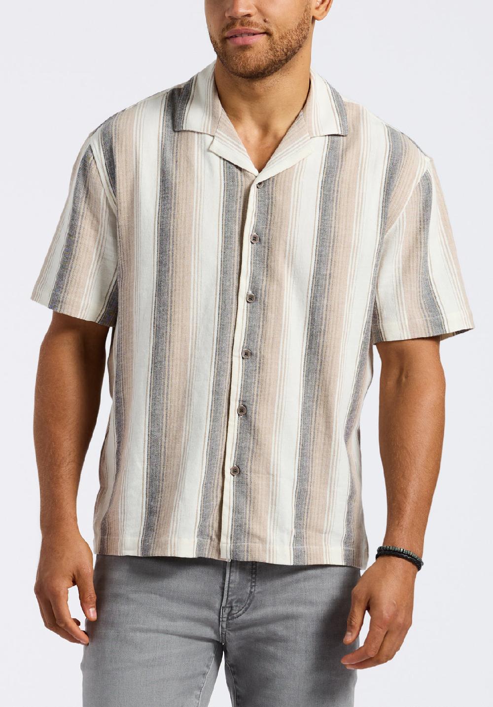 buffalo david bitton Chemise camp rayée à manches courtes pour homme Salaman Beige