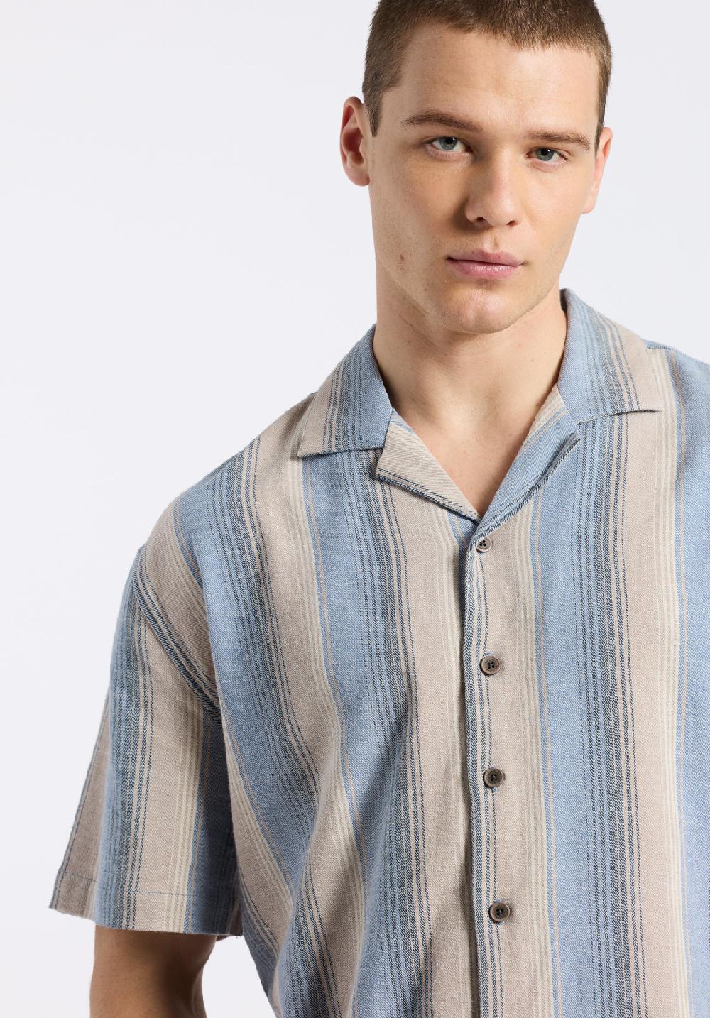 Buffalo David Bitton Chemise Camp Rayée à Manches Courtes Pour Homme Salaman Bleu