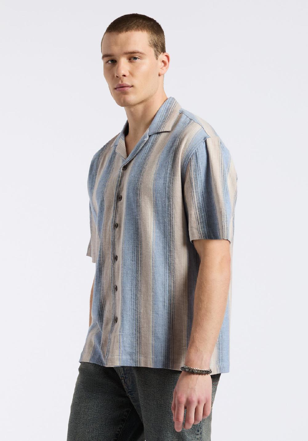 Buffalo David Bitton Chemise Camp Rayée à Manches Courtes Pour Homme Salaman Bleu