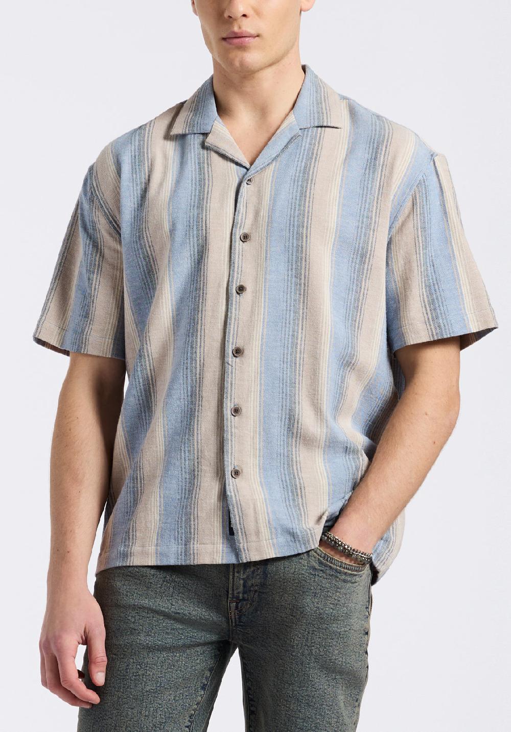 buffalo david bitton Chemise camp rayée à manches courtes pour homme Salaman Bleu