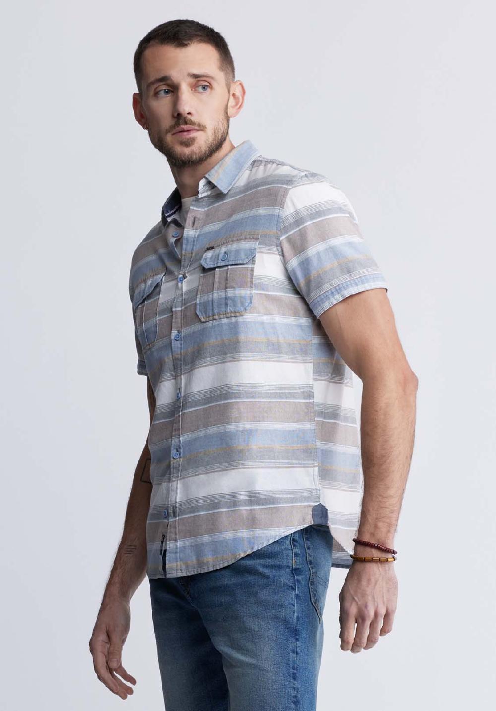 Buffalo David Bitton Chemise Rayée à Manches Courtes Sodhi Pour Hommes Bleu Mirage - BM242