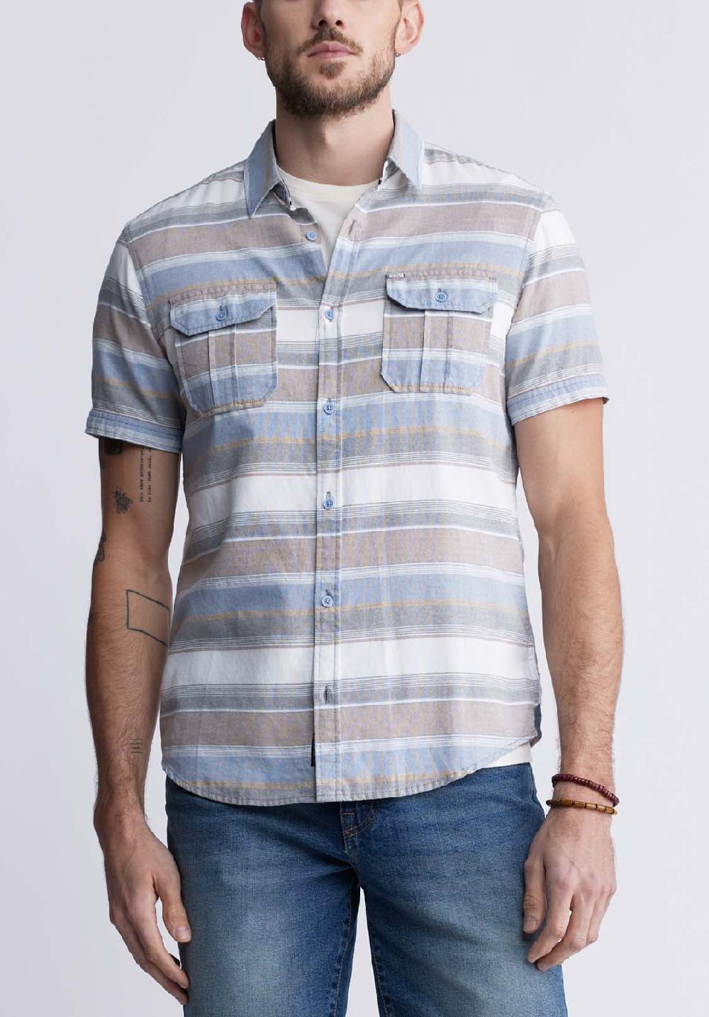 buffalo david bitton Chemise Rayée à Manches Courtes Sodhi pour Hommes Bleu Mirage - BM242