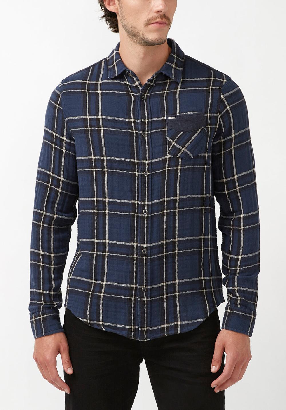 buffalo david bitton Chemise Sujay à carreaux bleus et manches longues pour hommes - BM2411