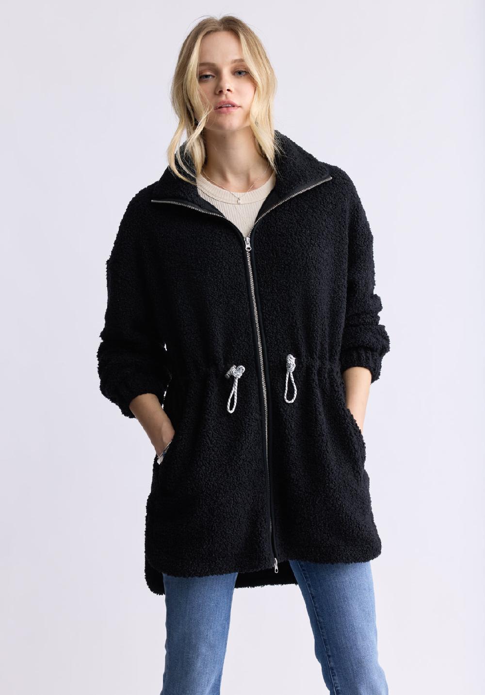 Buffalo David Bitton Citra Women's Cinch-Waist Full-Zip Sherpa Coat Black