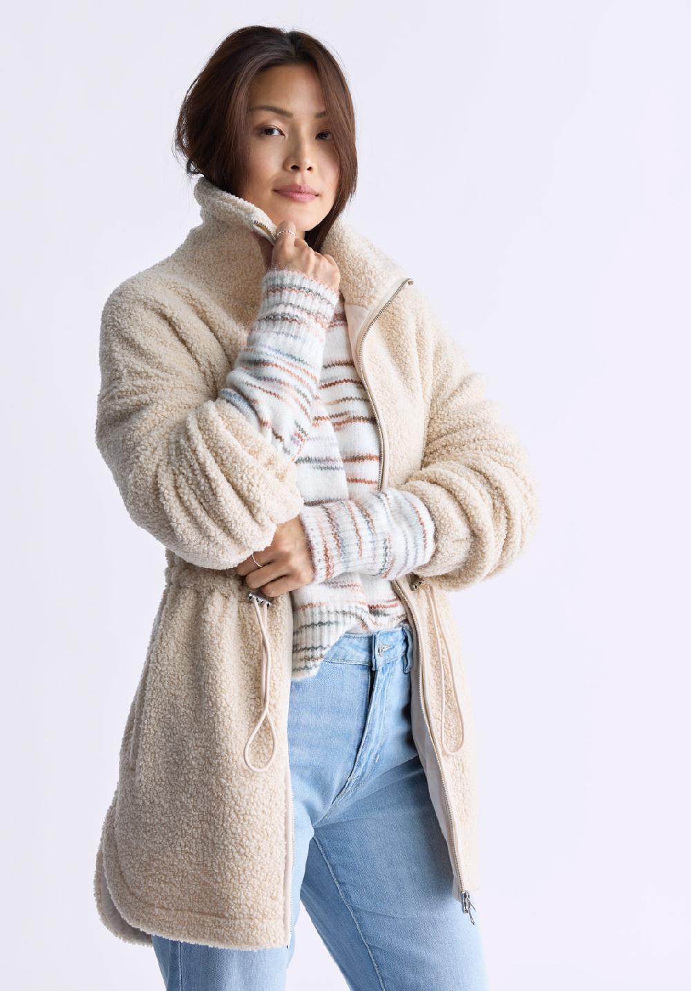 Buffalo David Bitton Citra Women's Cinch-Waist Full-Zip Sherpa Coat Oatmeal