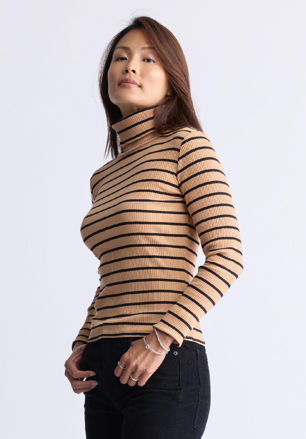 Buffalo David Bitton Col Roulé Rayé En Maille Côtelée Mavra Pour Femmes Beige Foncé - KT01