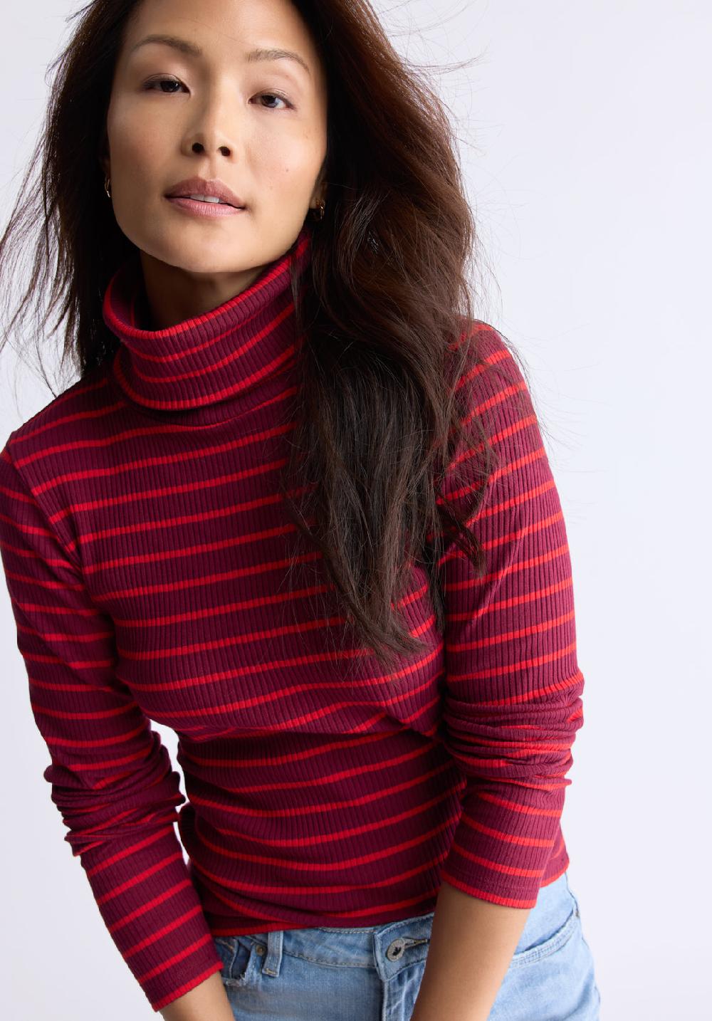 Buffalo David Bitton Col Roulé Rayé En Maille Côtelée Mavra Pour Femmes Rouge - KT0161F