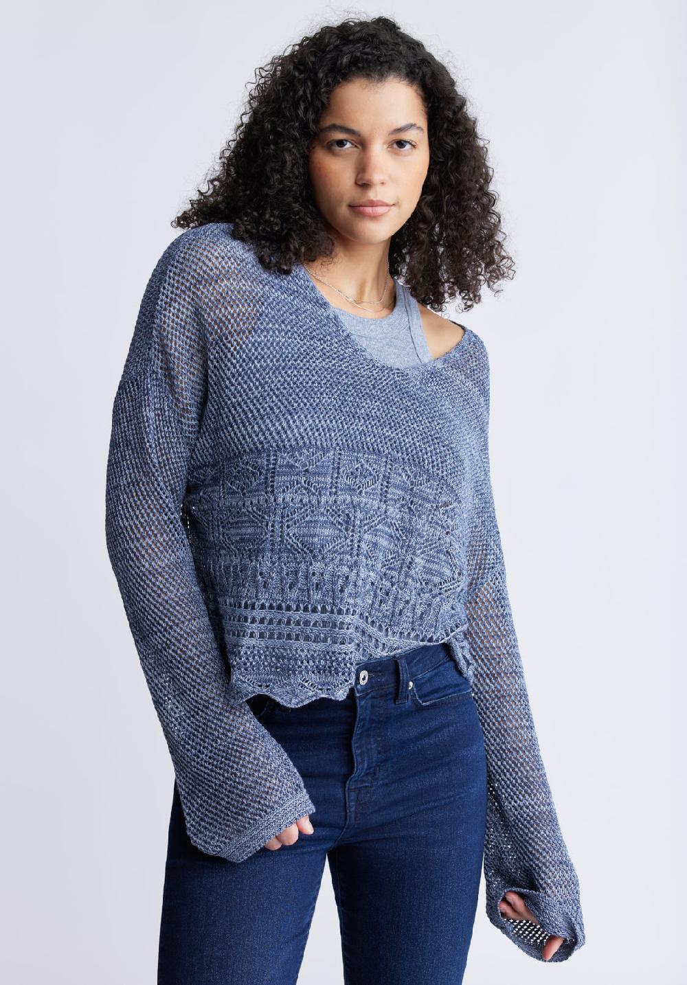 Buffalo David Bitton Cornelia Women's Crochet Cropped Sweater Denim Blue