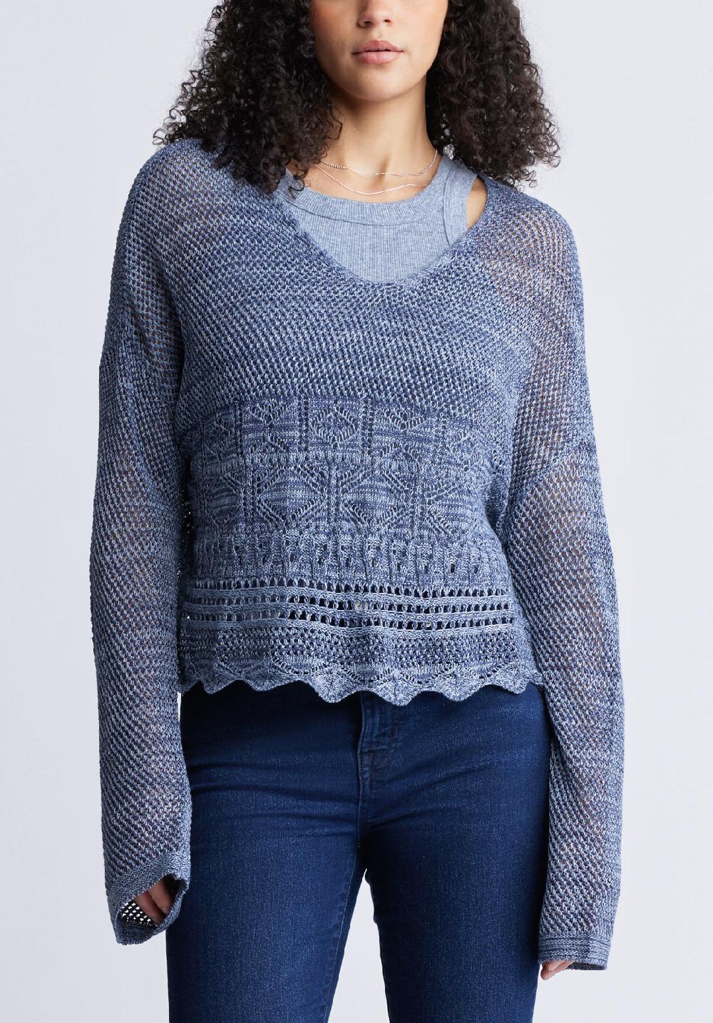 buffalo david bitton Cornelia Women's Crochet Cropped Sweater Denim Blue
