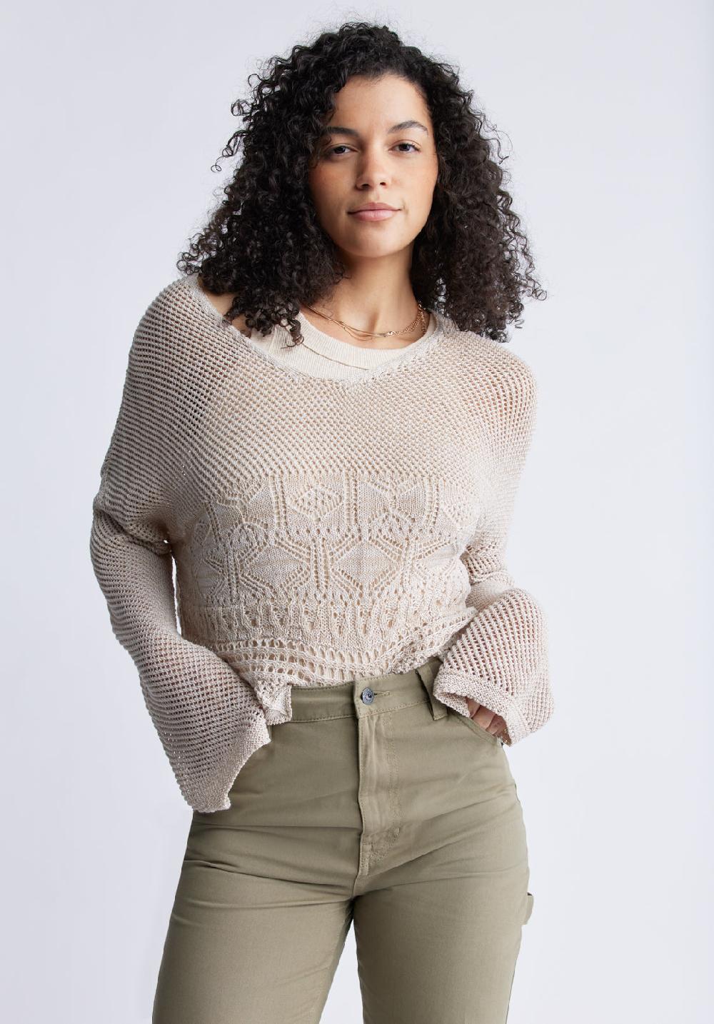 Buffalo David Bitton Cornelia Women's Crochet Cropped Sweater Tan
