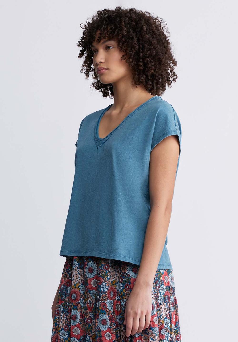 Buffalo David Bitton Danique Women’s V-Neck Striped T-Shirt In Tealy Blue