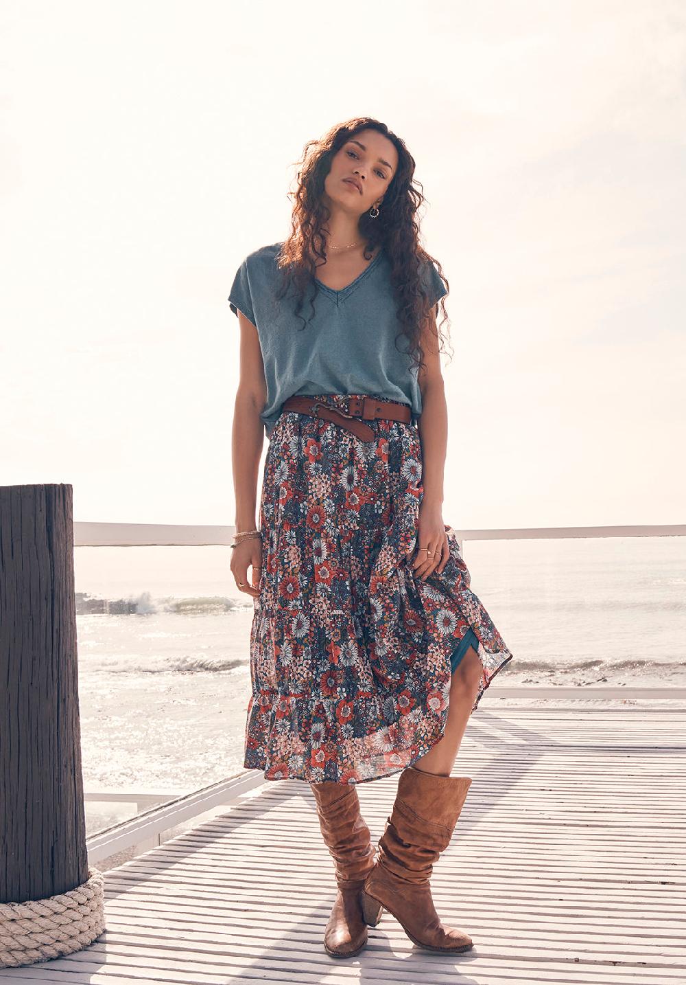 Buffalo David Bitton Danique Women’s V-Neck Striped T-Shirt In Tealy Blue